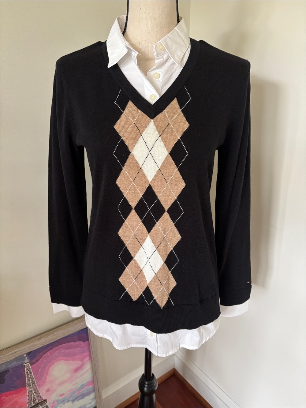 Tommy Hilfiger Black V-Neck Sweater with Beige & Cream Argyle